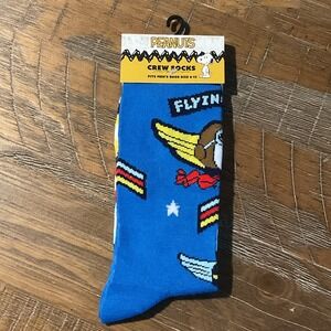 NEW Peanuts Snoopy Flying Ace Mens Crew Socks Blue Fits Shoe 6-12 Charlie Brown